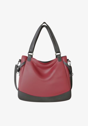 Red leather handbag with black base, dual black handles, and detachable shoulder strap against a white background.