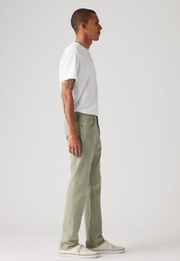Hellgrüne Baumwoll-Jeans mit geradem Bein, kombiniert mit einem weißen Rundhalsausschnitt-T-Shirt. Merkmale sind dezente Nähte und cremefarbene Sneaker.