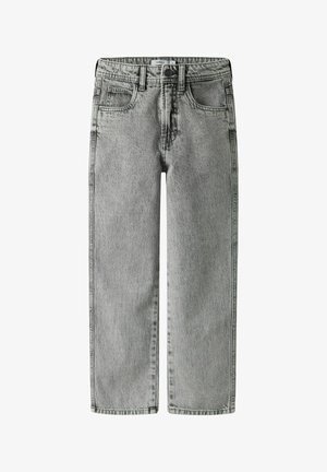 Jeans in denim grigio con vita alta, design a gamba dritta, cinque tasche e dettagli di cuciture visibili. Presentano una chiusura con bottone.