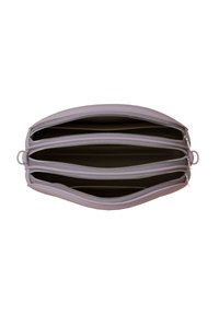 Zippered pouch in light purple, featuring three compartments with silver hardware. Smooth exterior, lined interior, oval shape.
