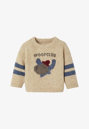 Knit sweater in beige with blue stripes, features a textured dog design with a red hat and the text "WOOFCLUB" above the dog.