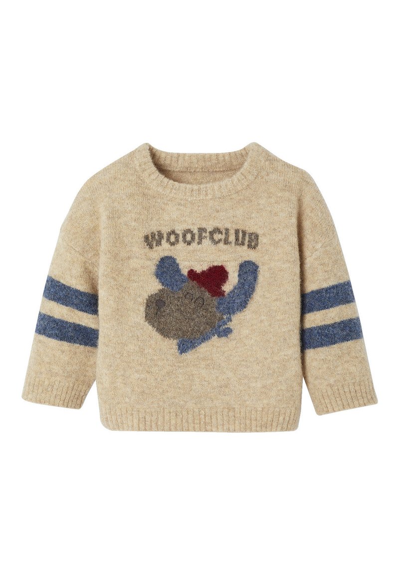 Beiger Strickpullover mit blauen Streifen, mit einem strukturierten Hundedesign mit rotem Hut und dem Text "WOOFCLUB" über dem Hund.