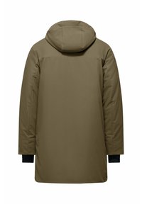 Olijfgroene, gewatteerde jas met een gladde, waterafstotende stof. Heeft lange mouwen, een rechte snit en elastische manchetten voor extra comfort.