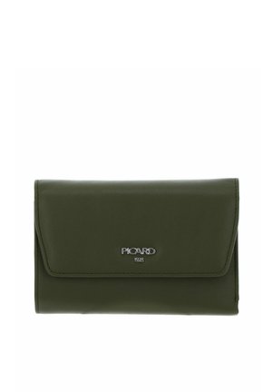 Portefeuille en cuir vert foncé avec rabat et logo argenté « Picard 1928 » centré sur le devant.