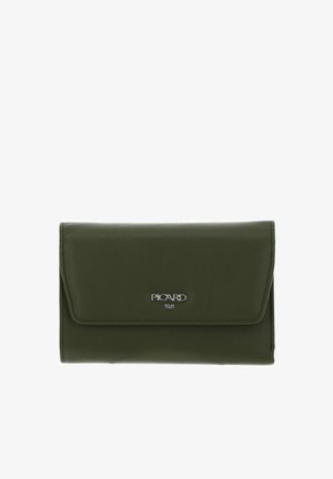 Portefeuille en cuir vert foncé avec rabat et logo argenté « Picard 1928 » centré sur le devant.