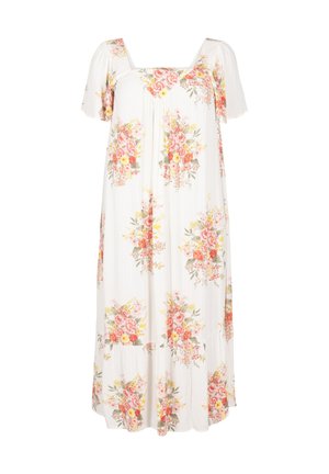 Blumen-Maxi-Kleid mit quadratischem Ausschnitt und kurzen Puffärmeln. Hergestellt aus leichtem Stoff mit einem weißen Grund und buntem Blumenmuster.