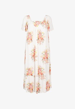 Lille lillelillede kleit, millel on ruudu dekoltee ja lühikesed kohev varrukad. Valmistatud kergest kangast, millel on valge taust ja värvikas lillemuster.