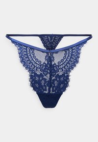 Navyblauwe kanten string met ingewikkelde bloemmotieven, gegolfde randen en dunne bandjes, met een klein accentdetail in het midden.