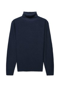 Dunkelblauer Rollkragenpullover mit strukturiertem Muster und geripptem Kragen sowie Bündchen, aus weichem Strickmaterial. Lange Ärmel, simples Design.