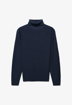 Maglione a collo alto blu navy con un motivo testurizzato e collo e polsini a coste, realizzato in morbido materiale lavorato a maglia. Maniche lunghe, design semplice.