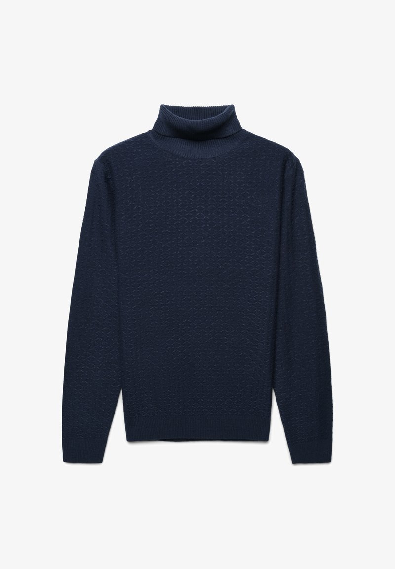 Maglione a collo alto blu navy con un motivo testurizzato e collo e polsini a coste, realizzato in morbido materiale lavorato a maglia. Maniche lunghe, design semplice.