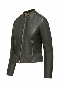 Giacca in pelle nera con design aderente, colletto alla coreana, chiusura frontale con zip e due tasche laterali con zip. Texture liscia con dettagli minimalisti.