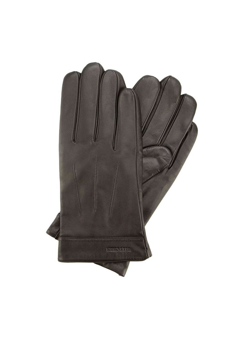Gants en cuir noir avec quatre coutures au dos, texture lisse, design ajusté et un poignet doux. Présentés en position plate.