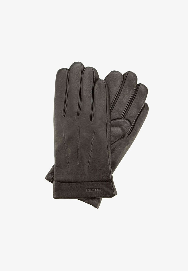 Gants en cuir noir avec quatre coutures au dos, texture lisse, design ajusté et un poignet doux. Présentés en position plate.