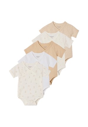 Fünf kurzärmelige Baby-Strampler in Beige, Weiß und Creme mit kleinen gedruckten Tier- und Sternmustern, in gestapelter Anordnung.