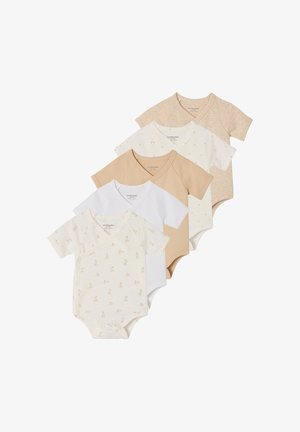 Fünf kurzärmelige Baby-Strampler in Beige, Weiß und Creme mit kleinen gedruckten Tier- und Sternmustern, in gestapelter Anordnung.