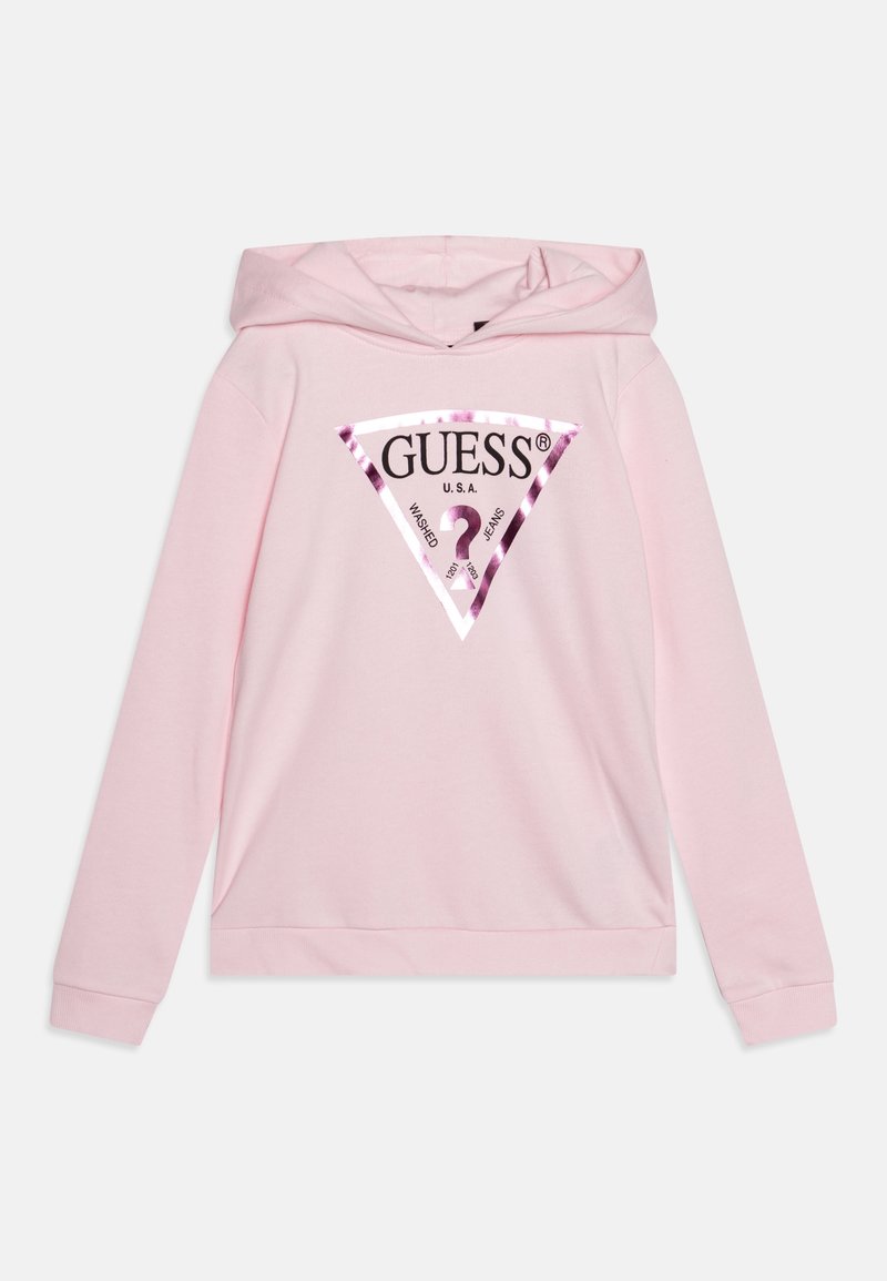 Felpa con cappuccio rosa realizzata in morbido tessuto, caratterizzata da un grande logo triangolare lucido con testo in bianco e nero e accenti a fantasia.