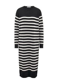 Schwarz-weißer gestreifter Strickkleid, runder Ausschnitt, lange Ärmel, lockere Passform, knielang, gerippte Bündchen und Saum. Glatte Textur.