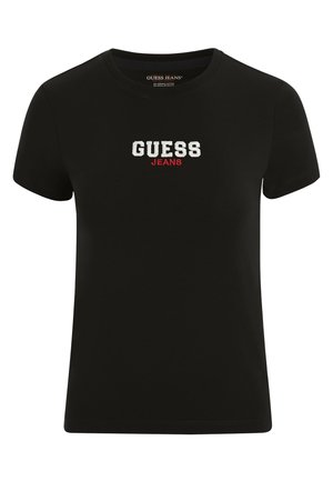 Svart bomull t-skjorte med korte ermer, rund hals og "GUESS JEANS" brodert i hvitt og rødt over fronten.