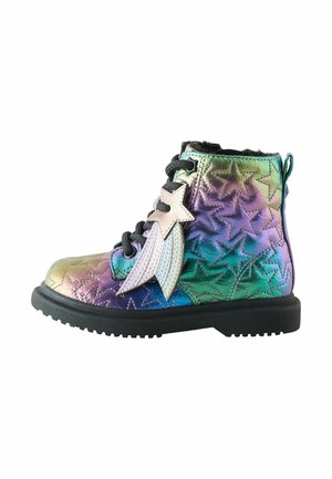 Child’s iridescent lace-up boot with star patterns and a shooting star charm on black sole.