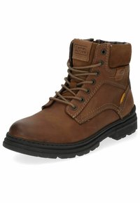 Bottes chevilles en cuir marron avec lacets, coutures contrastées, semelle en caoutchouc et un col en daim doux. Présente un logo sur la languette et sur le côté.