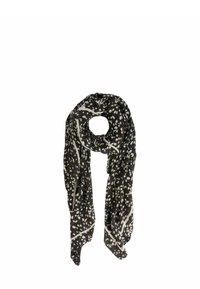 Sciarpa leggera in bianco e nero con un motivo a fantasia, caratterizzata da una texture morbida, un design maculato e estremità frangiate. Misura circa 180 cm.
