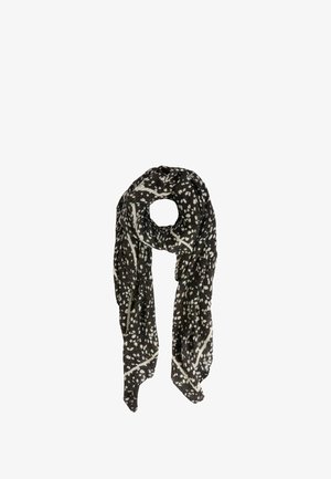 Sciarpa leggera in bianco e nero con un motivo a fantasia, caratterizzata da una texture morbida, un design maculato e estremità frangiate. Misura circa 180 cm.