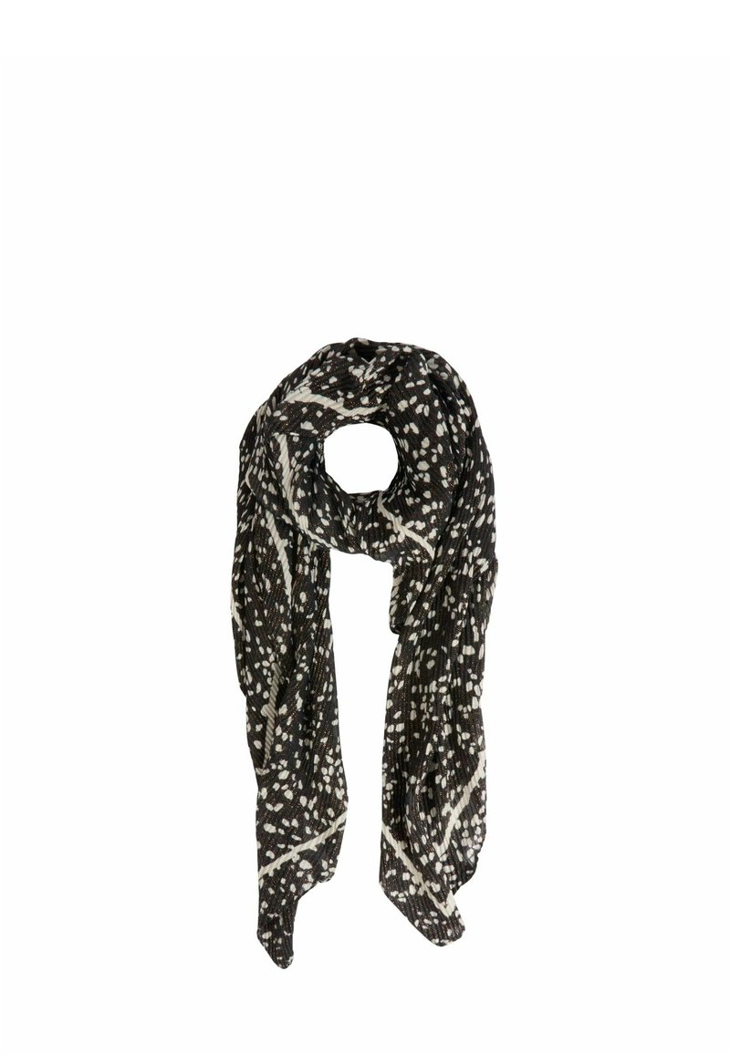 Sciarpa leggera in bianco e nero con un motivo a fantasia, caratterizzata da una texture morbida, un design maculato e estremità frangiate. Misura circa 180 cm.