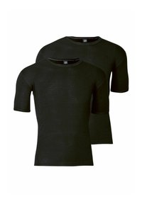 To sorte kortærmede T-shirts lavet af blødt stof med rund hals og let tætsiddende facon, med minimale syninger.