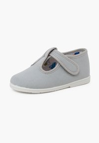 Szare buty z materiału z rzepem, biała gumowa podeszwa, zaokrąglony czubek i wzorzyste wnętrze z rysunkami z kreskówek.