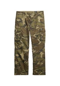 Cargo bukser i camouflagemønster med nuancer af grøn og brun, lavet af slidstærkt stof, med flere lommer og en lige ben-design.