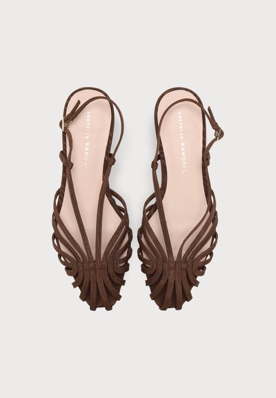 Sandales plates marron à fines brides avec des brides arrière type slingback et un motif complexe en boucles au niveau des orteils, portant la marque Loeffler Randall sur les semelles intérieures.