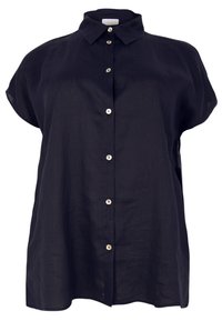 Marineblauwe button-up shirt van lichtgewicht linnen, met een spreidkraag, korte mouwen en vijf contrasterende knopen aan de voorkant.