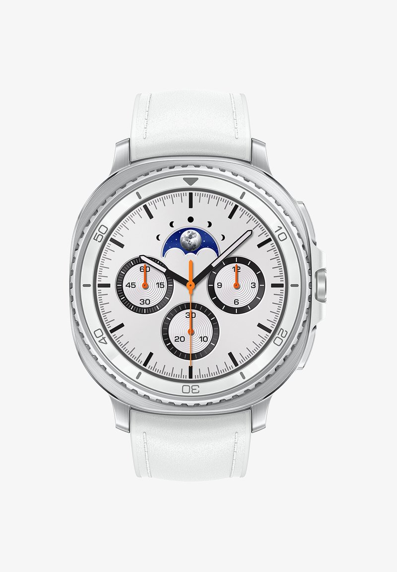 Silver chronograph watch with a white leather strap. White dial features three black sub-dials, orange accents, and a moon phase indicator.