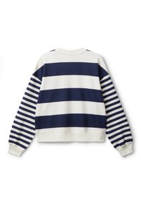 Felpa a righe navy e bianche con maniche lunghe. Presenta sezioni solide in navy e righe orizzontali. Collo rotondo e polsini a coste.