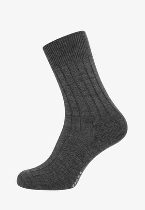 Gray ribbed sock with a textured fabric. Features a tall cuff and reinforced heel. Simple design without additional patterns or accents.