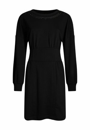 Abito nero realizzato in morbido tessuto, caratterizzato da maniche lunghe, un colletto rotondo con perline e una vita aderente che si allarga leggermente.