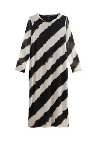 Robe à manches longues en tissu léger présentant un motif tie-dye noir et beige avec des rayures diagonales et une silhouette décontractée.