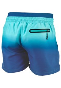 Blauwe en turquoise gradient zwembroek met een elastische tailleband en een ritsvak aan de achterkant. Soepele textuur, boven de knie lengte.