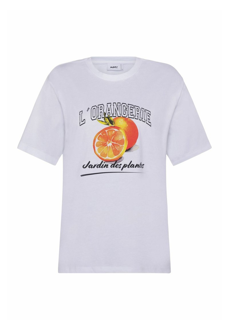 Weißes Baumwoll-T-Shirt mit einem grafischen Aufdruck von einer Orange und einer Zitrone, darunter der Text "L'ORANGERIE Jardin des plantes".