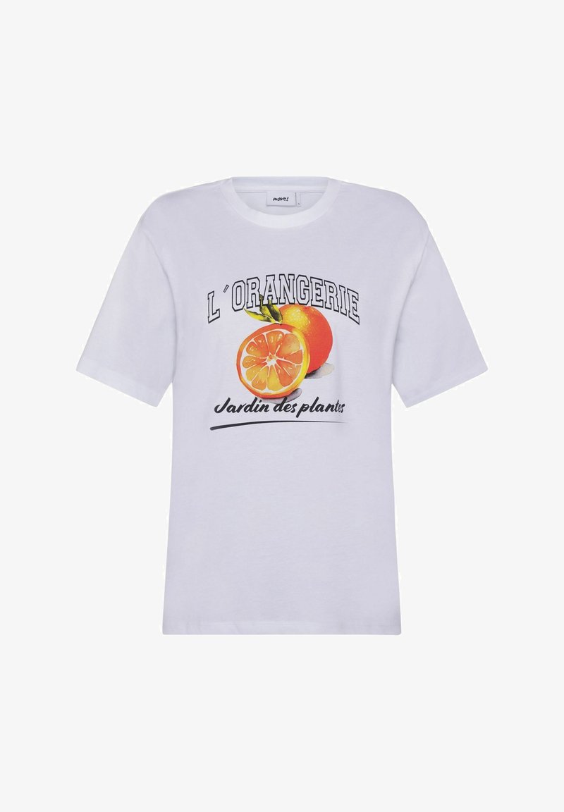 Balta kokvilnas T-kreklu ar grafisku druku, uz kuras redzama apelsīna un citrona bilde, ar tekstu "L'ORANGERIE Jardin des plantes" zem tās.