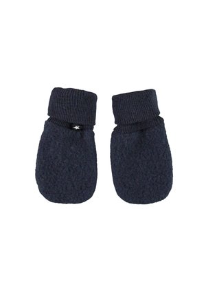 Paar dunkelblaue gestrickte Babyfäustlinge mit gerippten Bündchen und einem kleinen Stoffetikett mit einem weißen Stern an einem Fäustling.