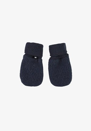 Paire de moufles pour bébé en maille bleu foncé avec poignets côtelés et une petite étiquette en tissu avec une étoile blanche sur une moufle.