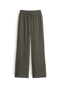 Long, olive green trousers made of lightweight fabric, featuring a drawstring waist, pleated texture, and wide legs.