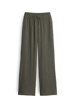 Long, olive green trousers made of lightweight fabric, featuring a drawstring waist, pleated texture, and wide legs.