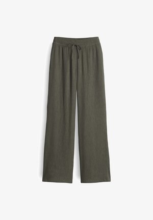 Long, olive green trousers made of lightweight fabric, featuring a drawstring waist, pleated texture, and wide legs.