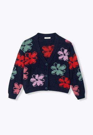 Cardigan en tricot bleu marine avec un col en V, des boutons sur le devant et des motifs floraux vibrants en rouge, rose et vert sur le tissu.