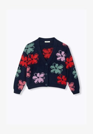 Cardigan en tricot bleu marine avec un col en V, des boutons sur le devant et des motifs floraux vibrants en rouge, rose et vert sur le tissu.