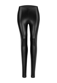 Black faux leather leggings with a textured crocodile pattern, fitted design, high waist, and seamless construction for a sleek silhouette.