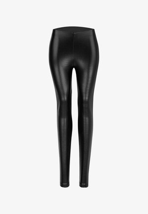 Schwarze Leggings aus Kunstleder mit einer strukturierten Krokodilprägung, figurbetontem Schnitt, hoher Taille und nahtloser Verarbeitung für eine schlanke Silhouette.